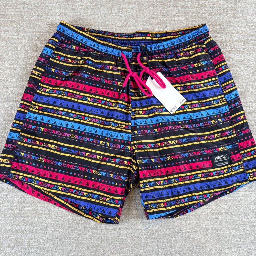 BRAND NEW WeSC Men Zack Summer Aztec AOP Swim Trunks Black Geometric NWT MED